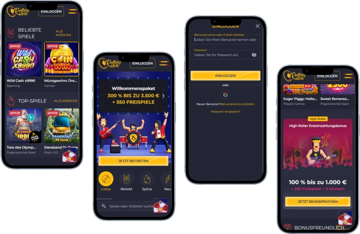 Rolling Slots Casino Startseite und Slot-Auswahl
